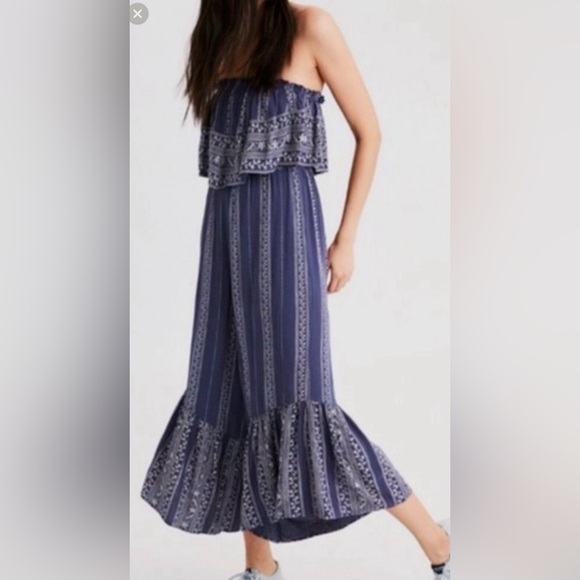 Japna Romper Wide-Leg Rayon Blue & Ivory Flowy Ruffled Jumpsuit Size L - Picture 3 of 7